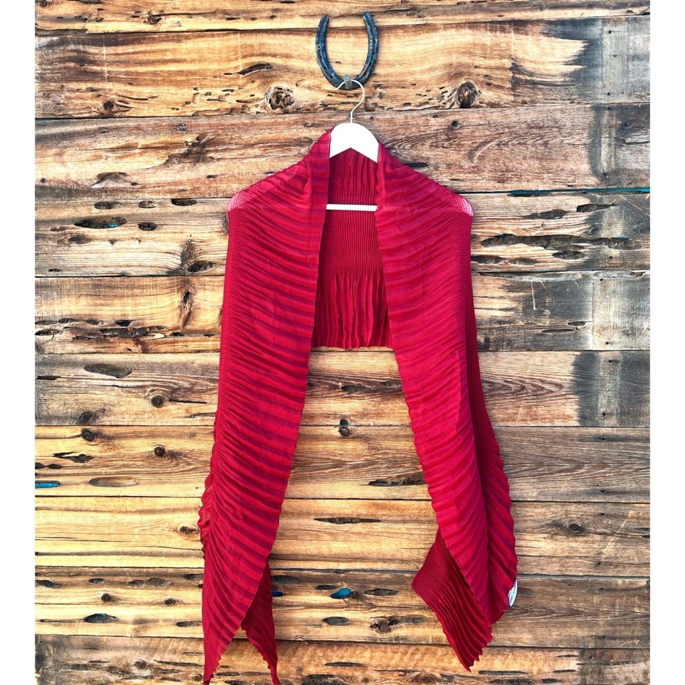 MASAKI MATSUKA | Deep Red Sheer Pleated Shawl Wrap Scarf W/ Dust Bag